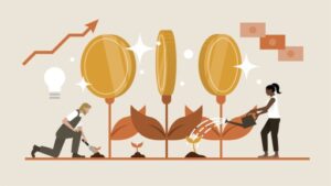 Conceptual graphic of people planting coins