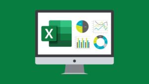 A monitor with various financial graphs and the icon for Microsoft Excel