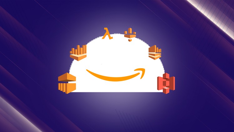 A series of data related icons surround the Amazon smile icon
