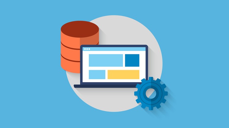 Icons of a database, a laptop and a gear