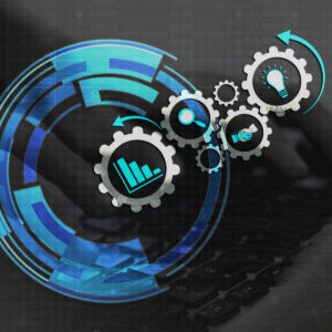 Conceptual graphic containing intertwining gears with a bar chart, magnifying glass, and lightbulb
