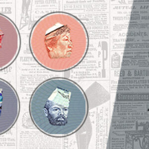 An image of a newspaper with multiple face superimposed over the top