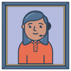 A cartoon woman with a headset on.
