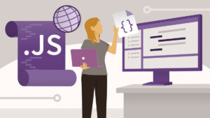 A conceptual graphic showing a woman with a laptop holding a piece of paper on which code brackets are written.